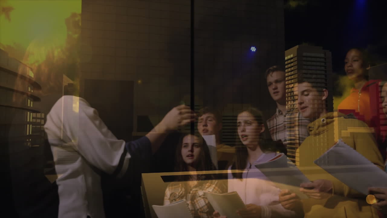 Choir ensemble singing and holding sheet music in music training with floating notes and waveforms