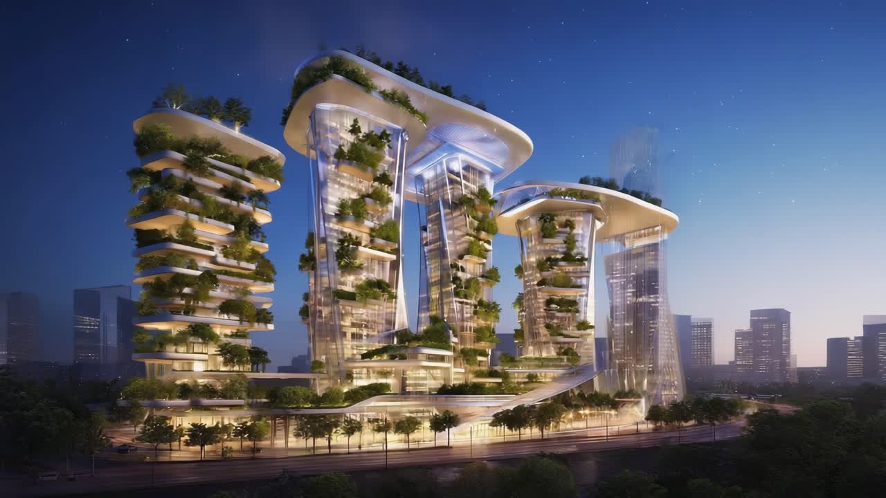 Futuristic Green Buildings in an Urban Landscape at Night