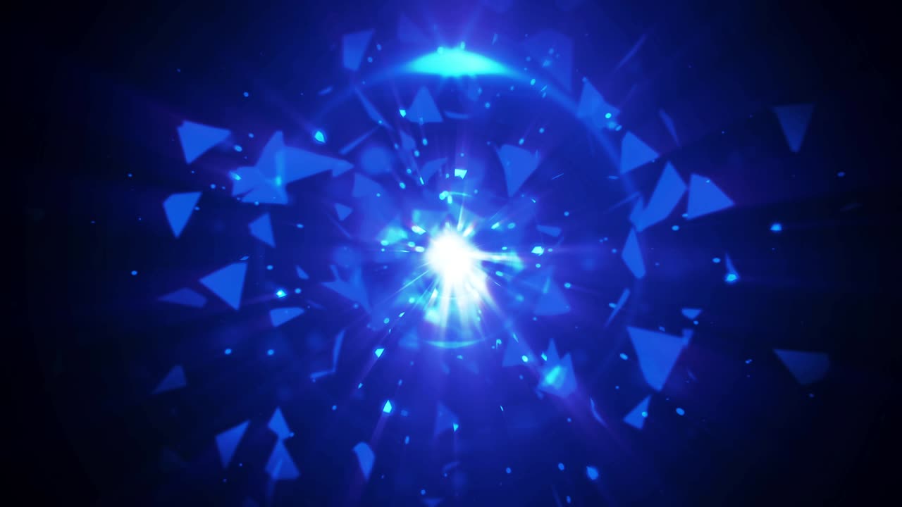 파란색 유리 요소가 어두운 배경에서 파편으로 부서지고 폭발하는 추상적인 루프 애니메이션 3d 렌더링 파편 기하학 다각형 유리 입자 반이는 빛 끝없는 루프 배경