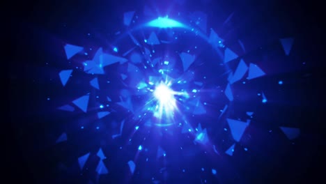 abstract loop animation of blue glass element shattering and exploding into shards on dark background. 3d render shatter geometric polygon glass particle with glittering light. endless loop background