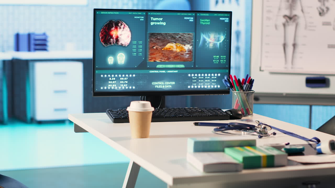 Vertical Video Empty hospital cabinet with instruments and gadgets set up for consultations
