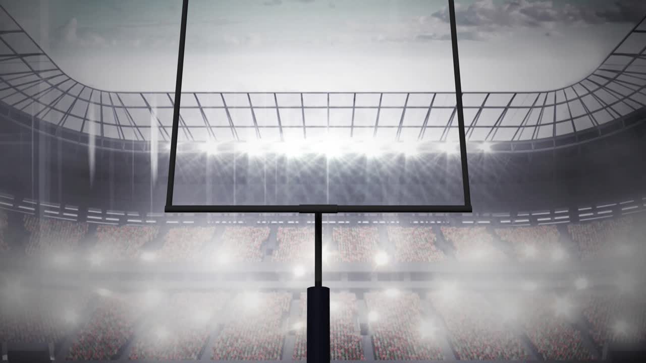 Animation of american football goalposts and cloudy sky at floodlit stadium