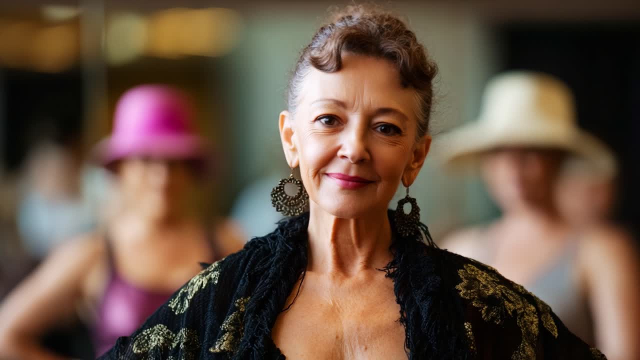 A Confident Woman Exudes Grace and Beauty in a Stylish Ensemble, Surrounded by Fellow Dancers in an Elegant Studio Setting, Showcasing the Joy of Performance and Expression