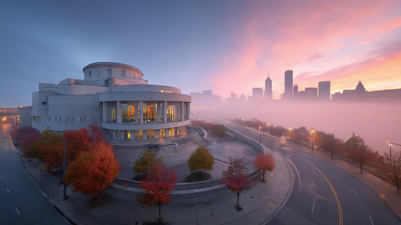 A Stunning Transformation: The Architectural Beauty of a City Landmark Captured at Dawn and Dusk with Vibrant Autumn Colors Illuminated by City Lights