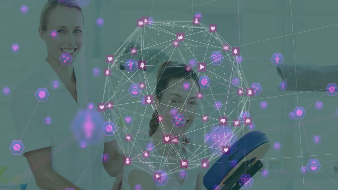 Healthcare professionals with medical equipment, animation of healthcare network overlay