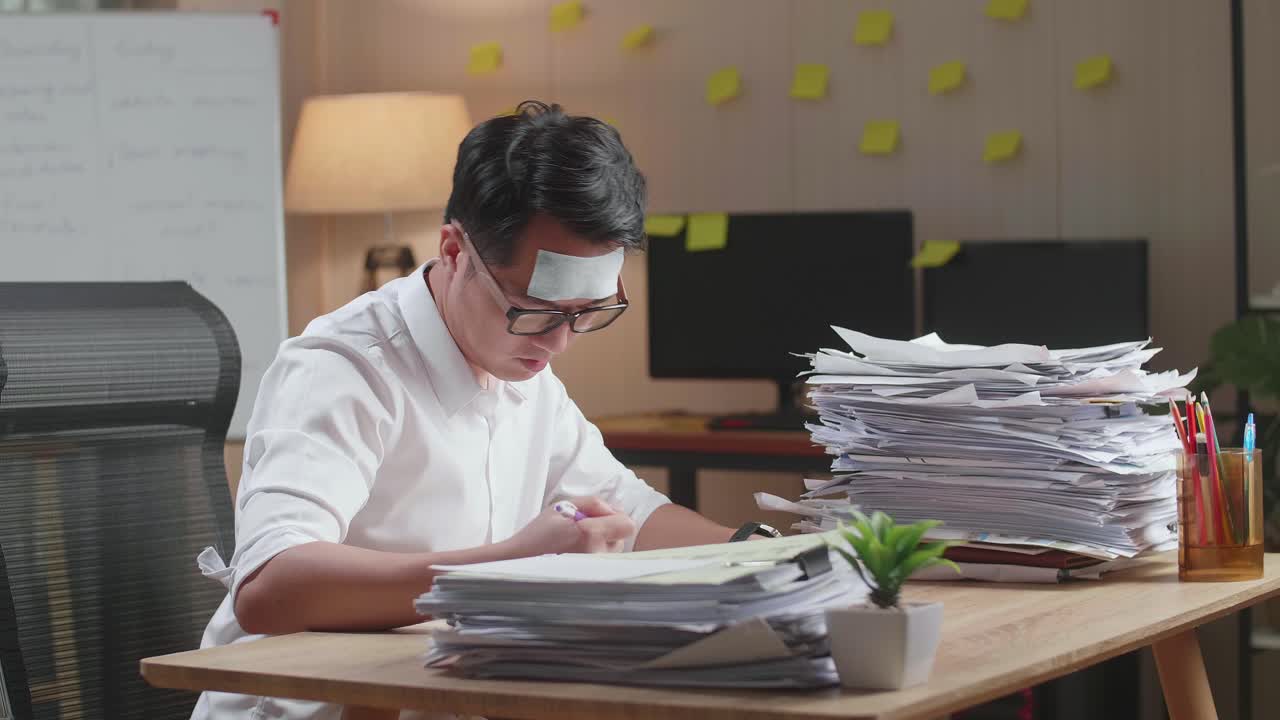Sick Asian Man Working Hard With Documents At The Office