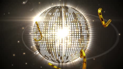 animation of christmas gold candy canes falling over mirror disco ball on black background