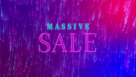 animation of massive sale text banner over light trails spinning against purple gradient background