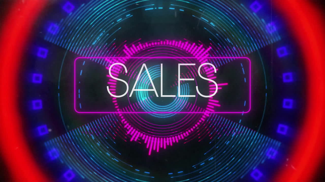 animación del texto de ventas sobre formas de neón en movimiento