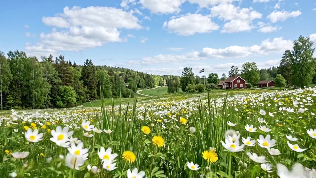 Wildflower Meadow in the Swedish Countryside with Traditional Red House