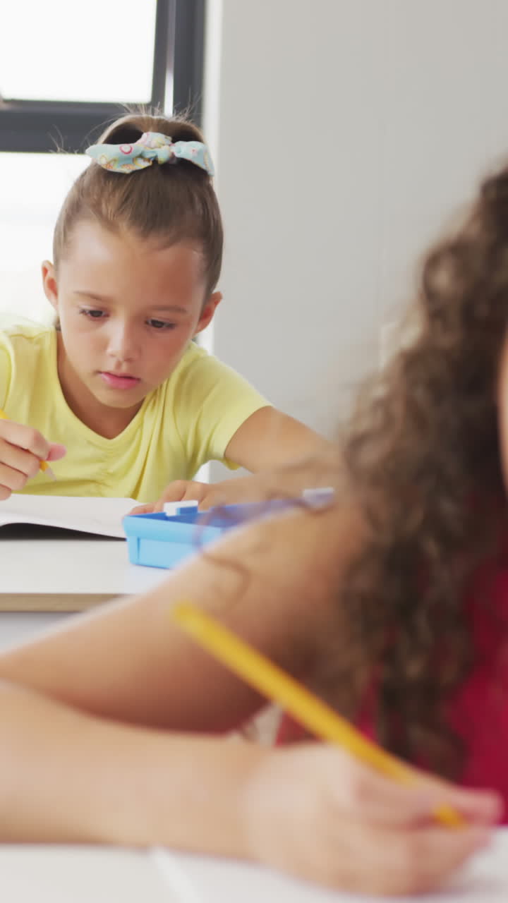 video de niñas diversas centradas sentadas en los escritorios de la escuela y aprendiendo