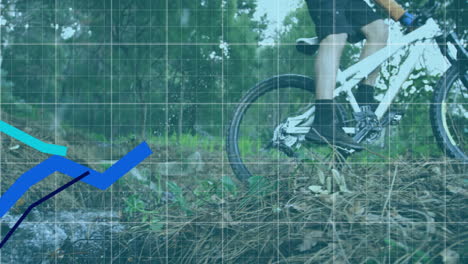 gráficos azules que se mueven sobre líneas de cuadrícula contra el hombre en bicicleta en el bosque