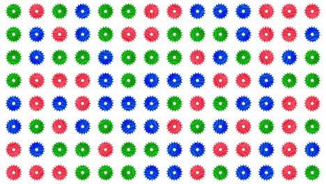 4k cartoon animation of modern moving gears icons forming colorful pattern over white background.