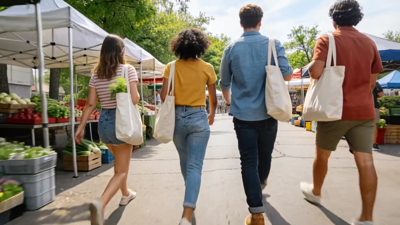 Un gruppo di quattro persone che cammina entrando nel mercato contadino, dirigendosi lungo un corridoio, facendo acquisti con borse della spesa e tenendo erbe aromatiche.