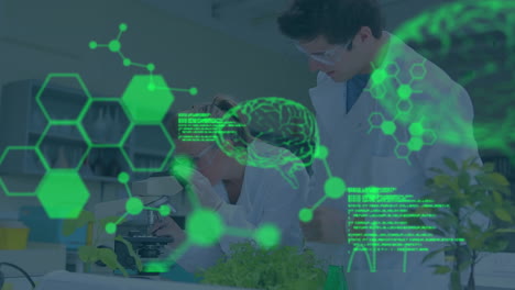 animation of scientific data processing over group of scientist in laboratory