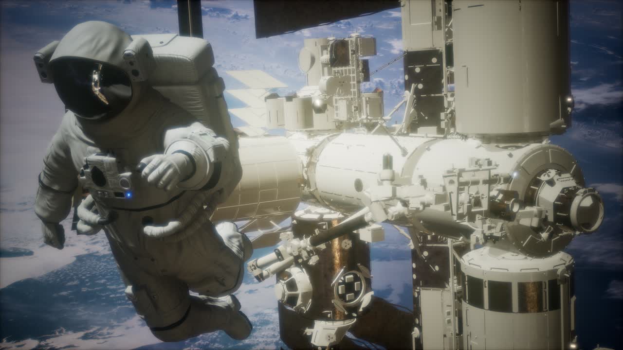 지구 위의 우주 공간에 있는 국제 우주 정거장과 우주 비행사