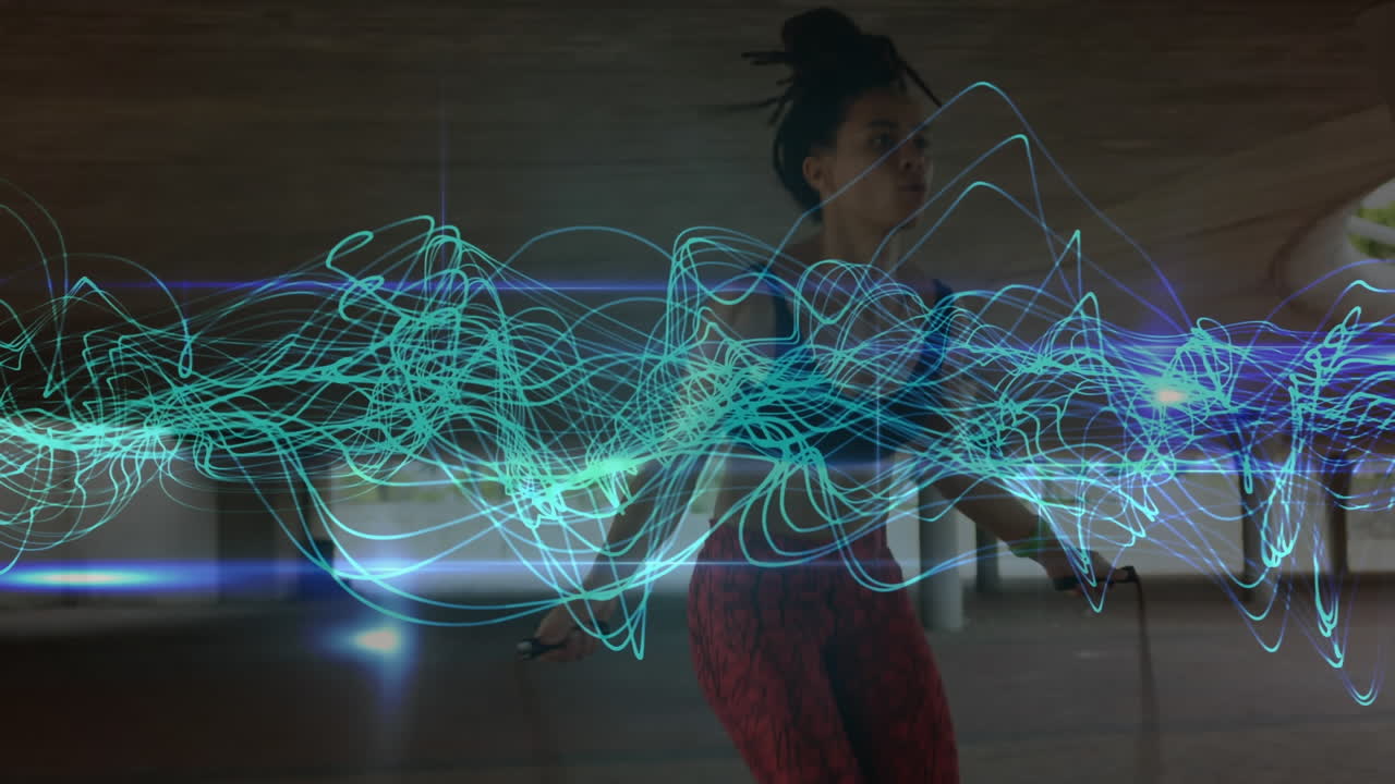 animación de la red de conexiones sobre mujeres que hacen ejercicio al aire libre
