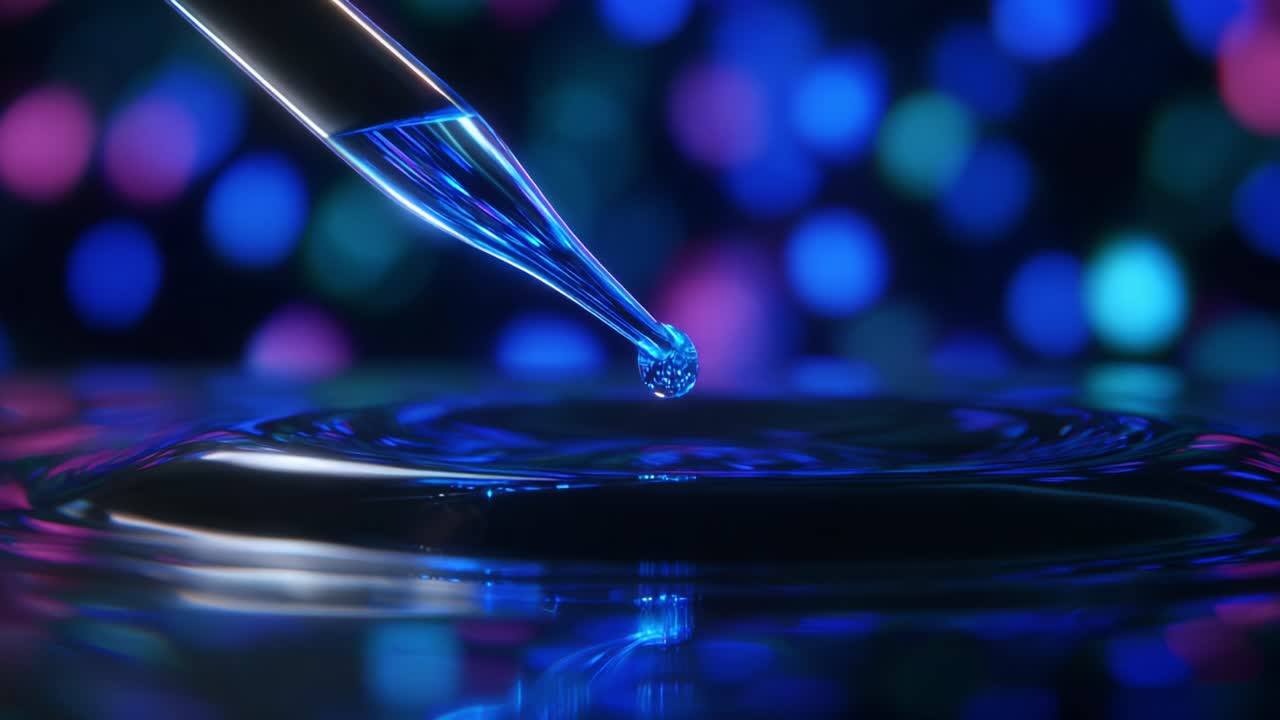 A mesmerizing close-up of a dropper poised to release a droplet onto a tranquil surface, surrounded by a backdrop of colorful, softly illuminated orbs, creating a stunning and surreal visual experience