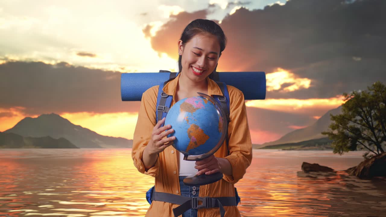 Smiling Traveler with a Globe at Sunset