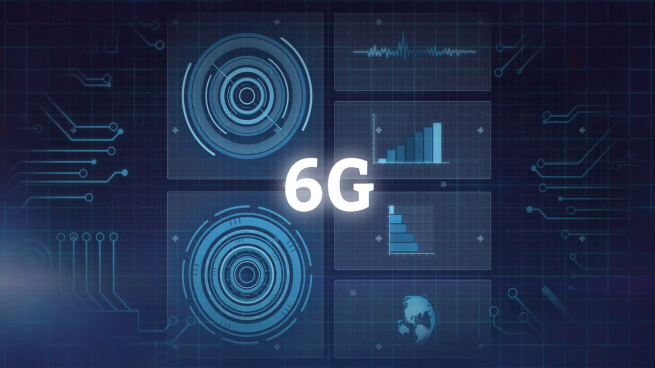 Animation of 6g text and light over scanners, network and data processing on dark background
