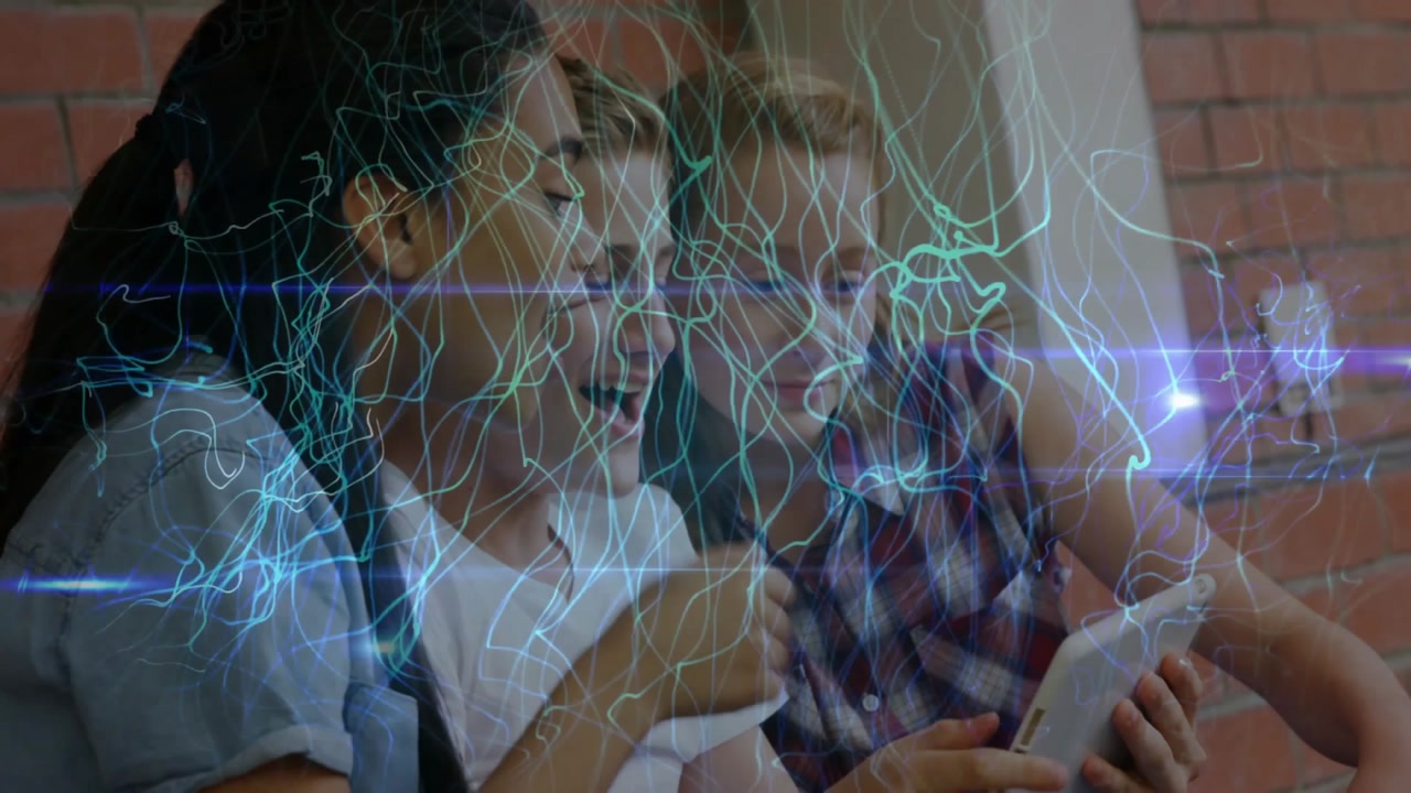 Children holding tablet for selfie then tapping and swiping digital overlay for technology demo