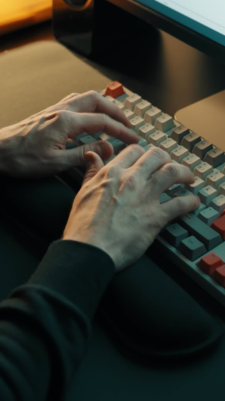 Mand sidder ved en computer og taster på et tastatur. Hjemmekontor.