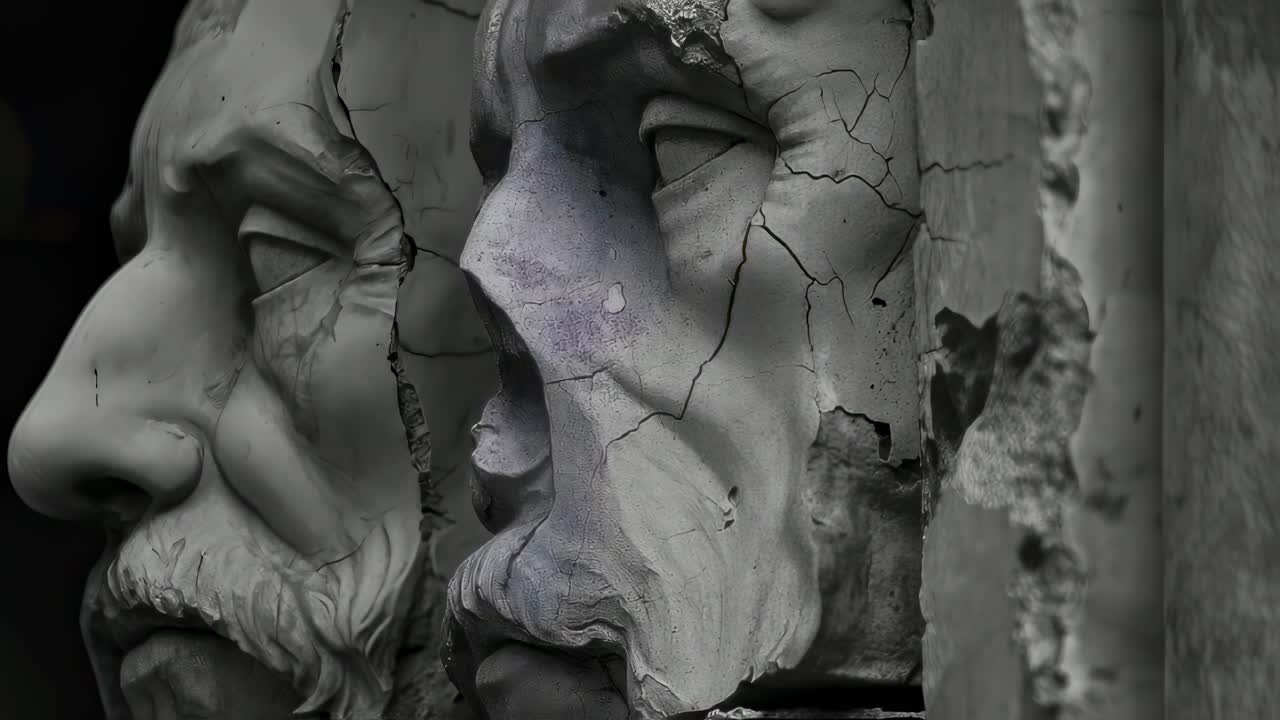 Weathered stone bust layering hidden faces, revealing mysterious duality through intricate cracks and eroded surfaces, symbolizing transformative passage of time