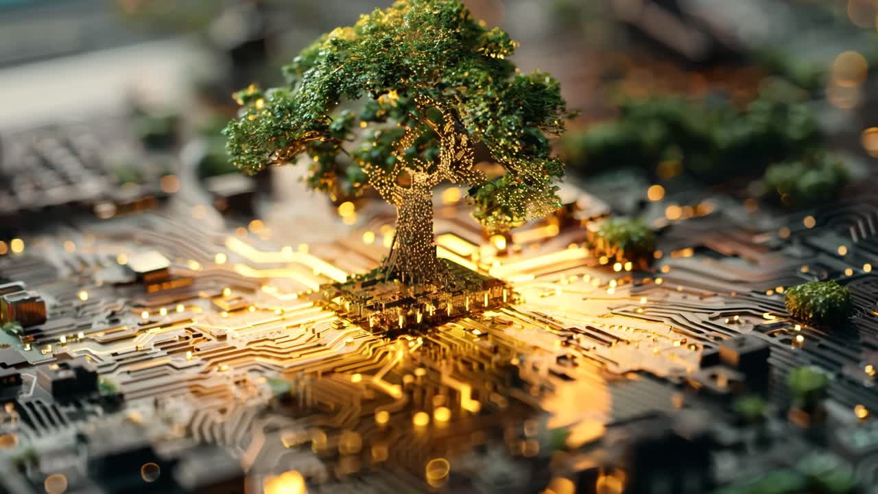 A tree is growing on a computer chip. The tree is surrounded by a lot of wires and circuits. The image has a futuristic and technological feel to it
