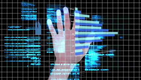 hand with glowing fingertips over grid and data analysis animation