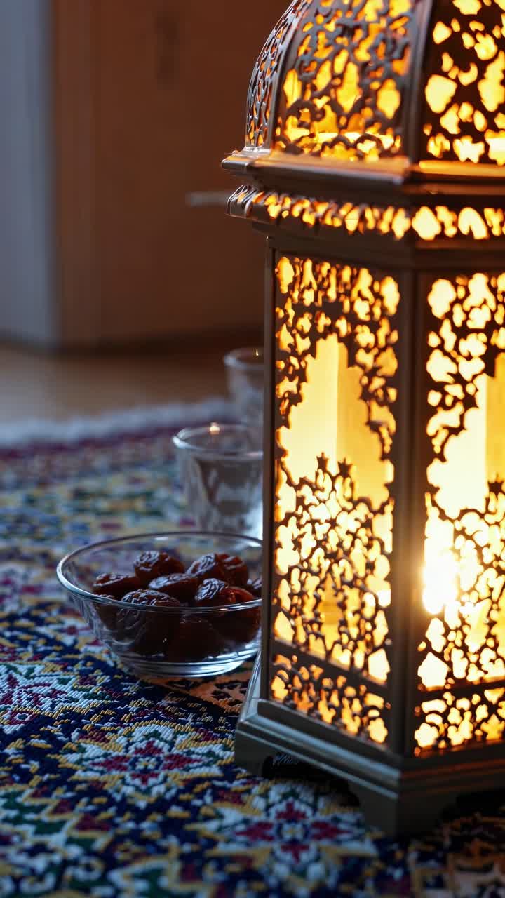 Traditional metal lanterns casting warm light over a bowl of dates, resting on a vibrant carpet, evoke a serene atmosphere perfect for celebrating Ramadan evenings