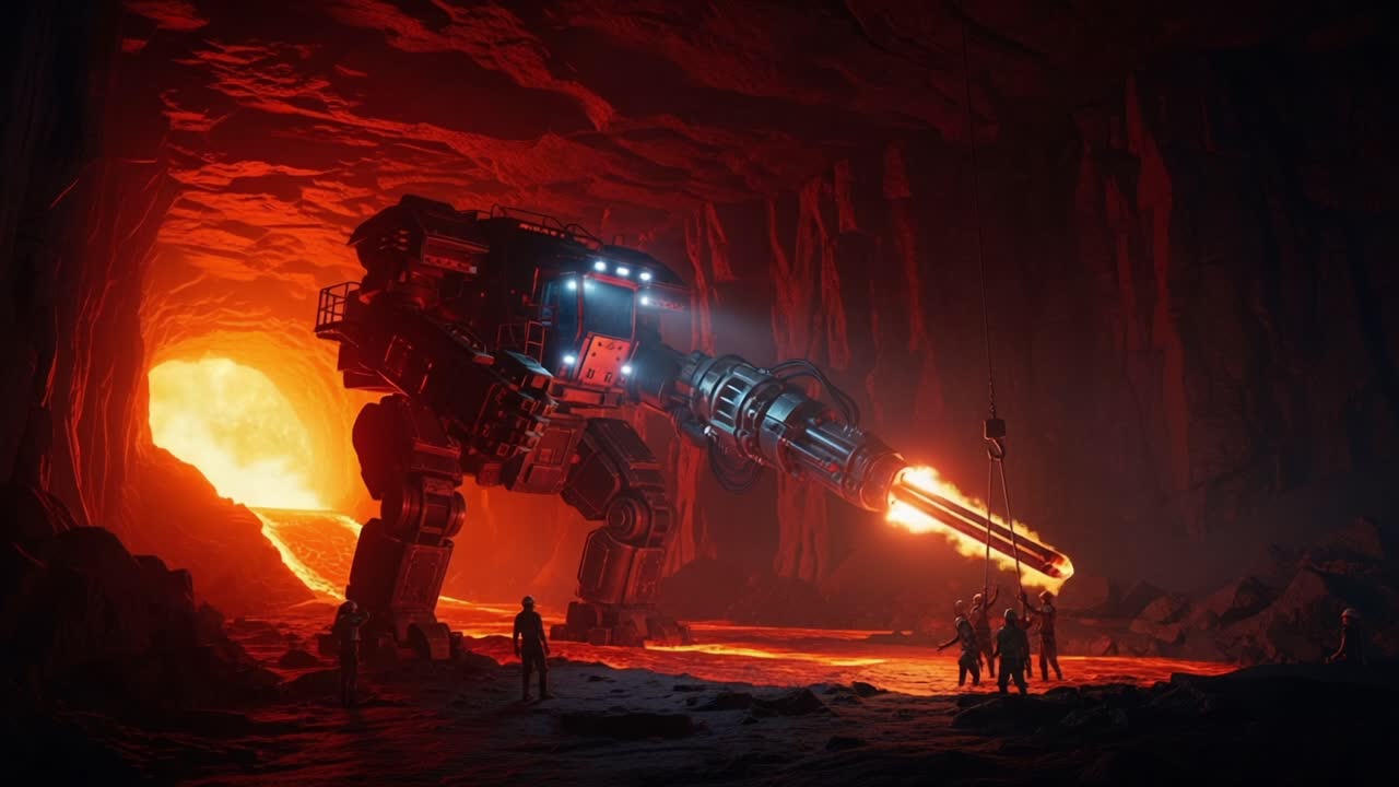 A colossal, futuristic mech towers over a group of explorers deep inside a molten lava cave, illuminating the dramatic landscape with its powerful machinery