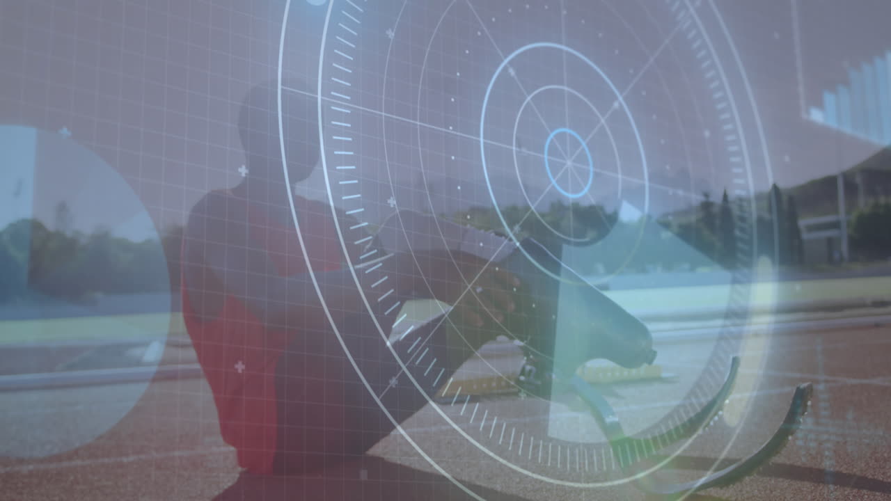 animación del procesamiento de datos sobre un atleta masculino discapacitado con cuchillas de correr en la pista de carreras