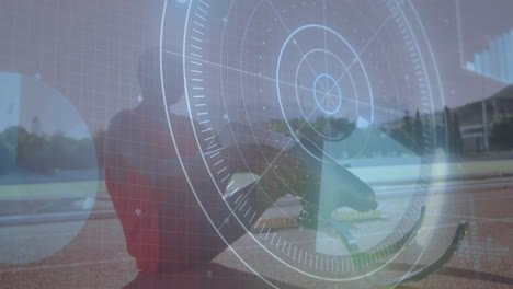 Animation of data processing over disabled male athlete with running blades on racing track
