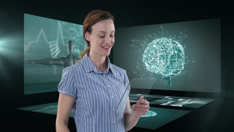 animación de una mujer de negocios que usa una tableta sobre pantallas con procesamiento de datos médicos