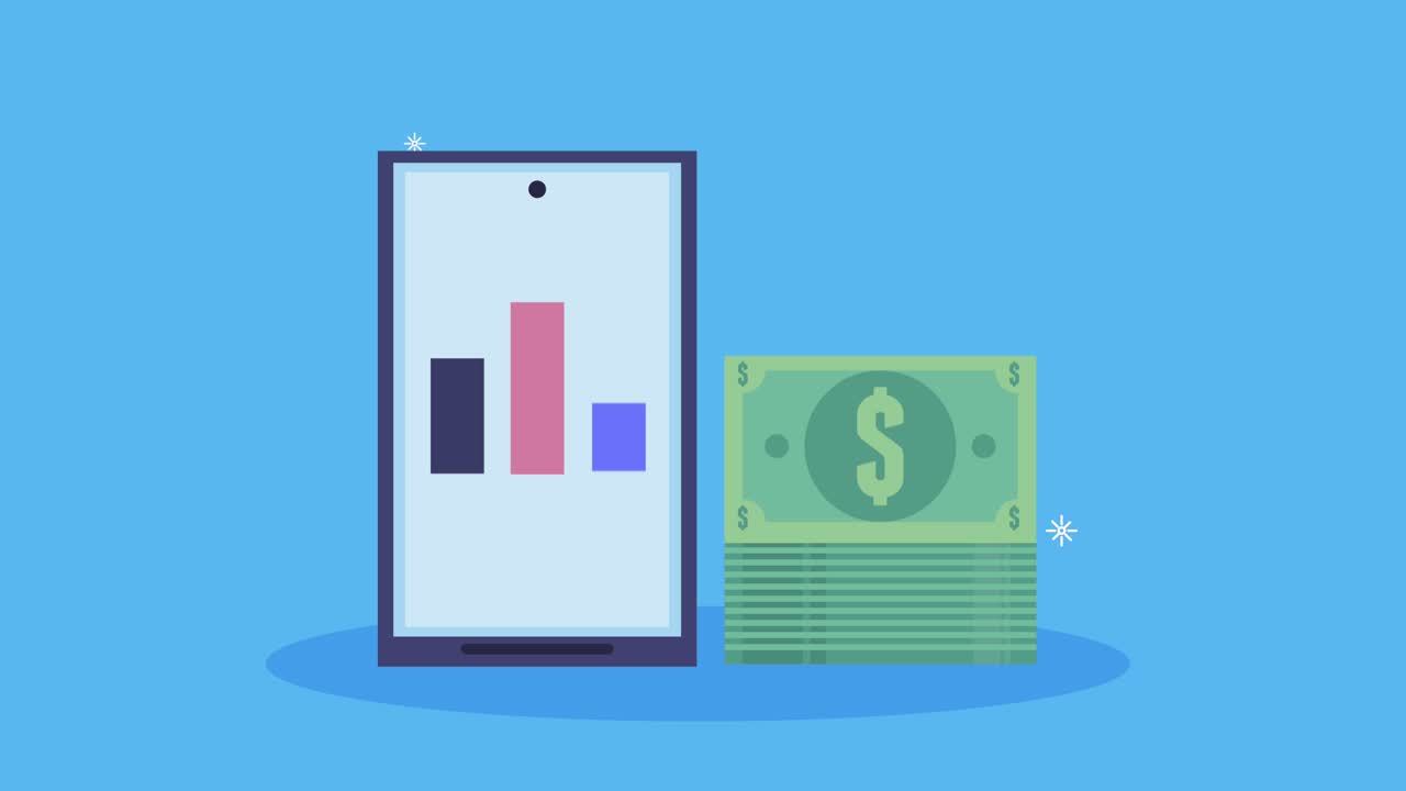 financial business animation with bills and smartphone