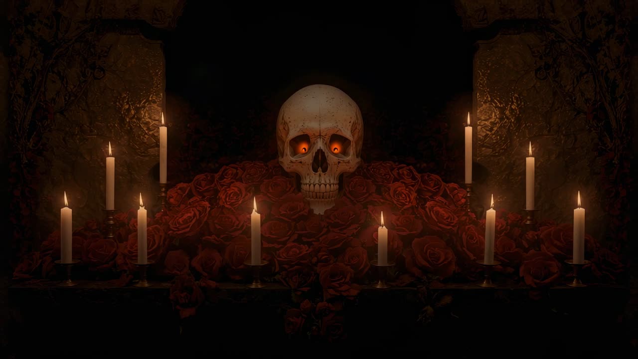 Flickering candle flames casting highlights on skull atop red roses on stone altar in dim crypt