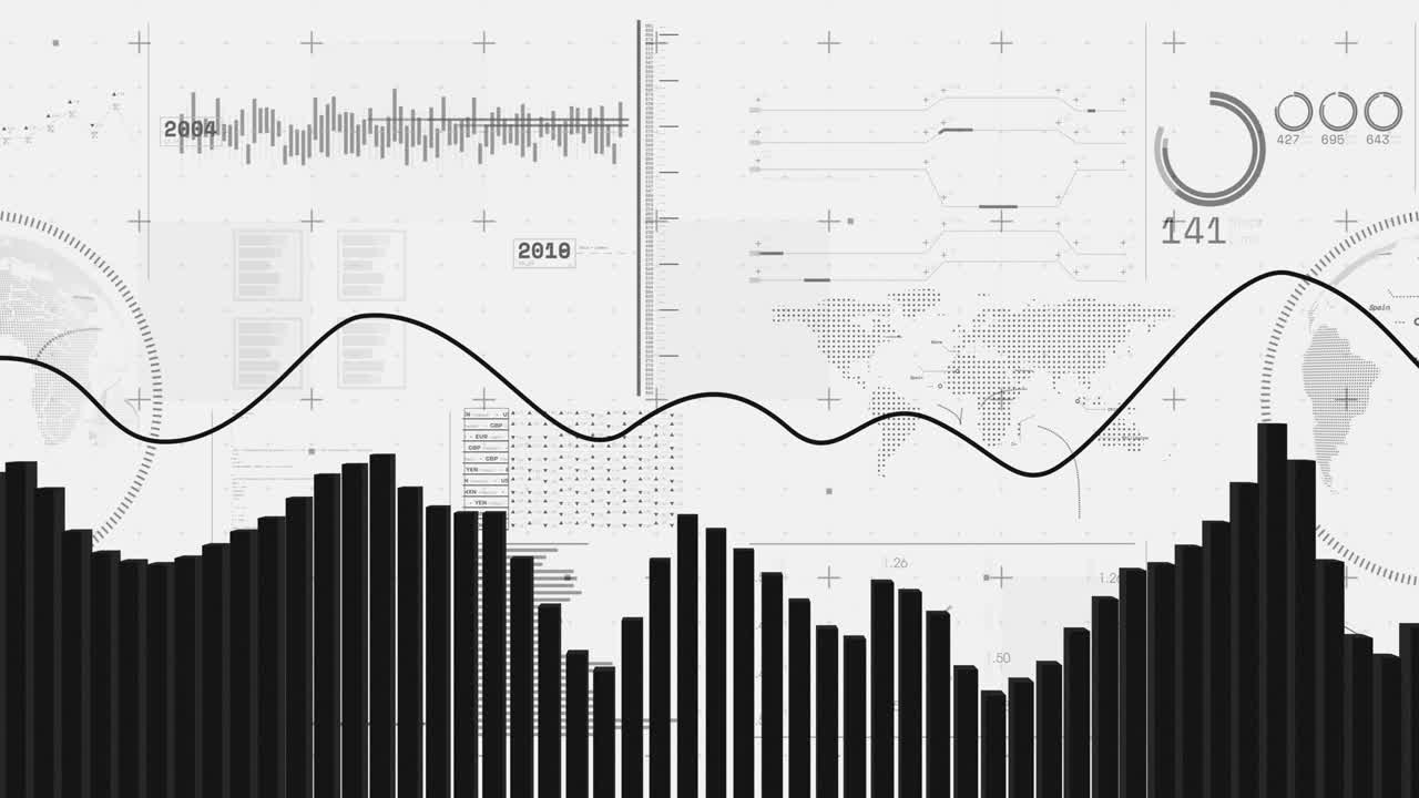 Animation of financial data processing and globe on white background