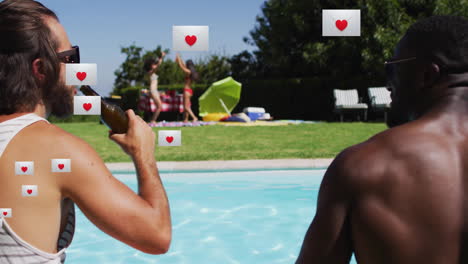 by pool, two people relaxing with floating heart icons around them in animation