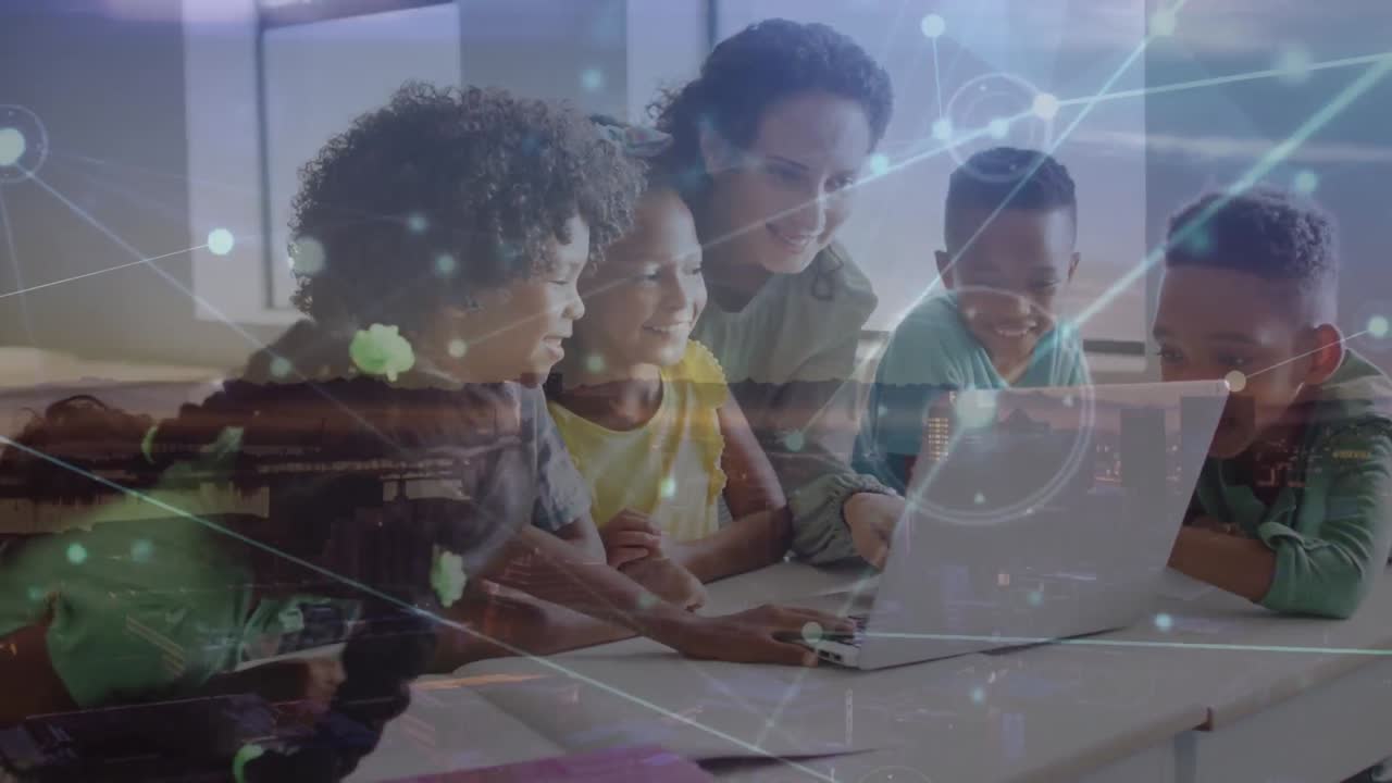 Animation of data processing over caucasian female teacher with diverse schoolchildren using laptop