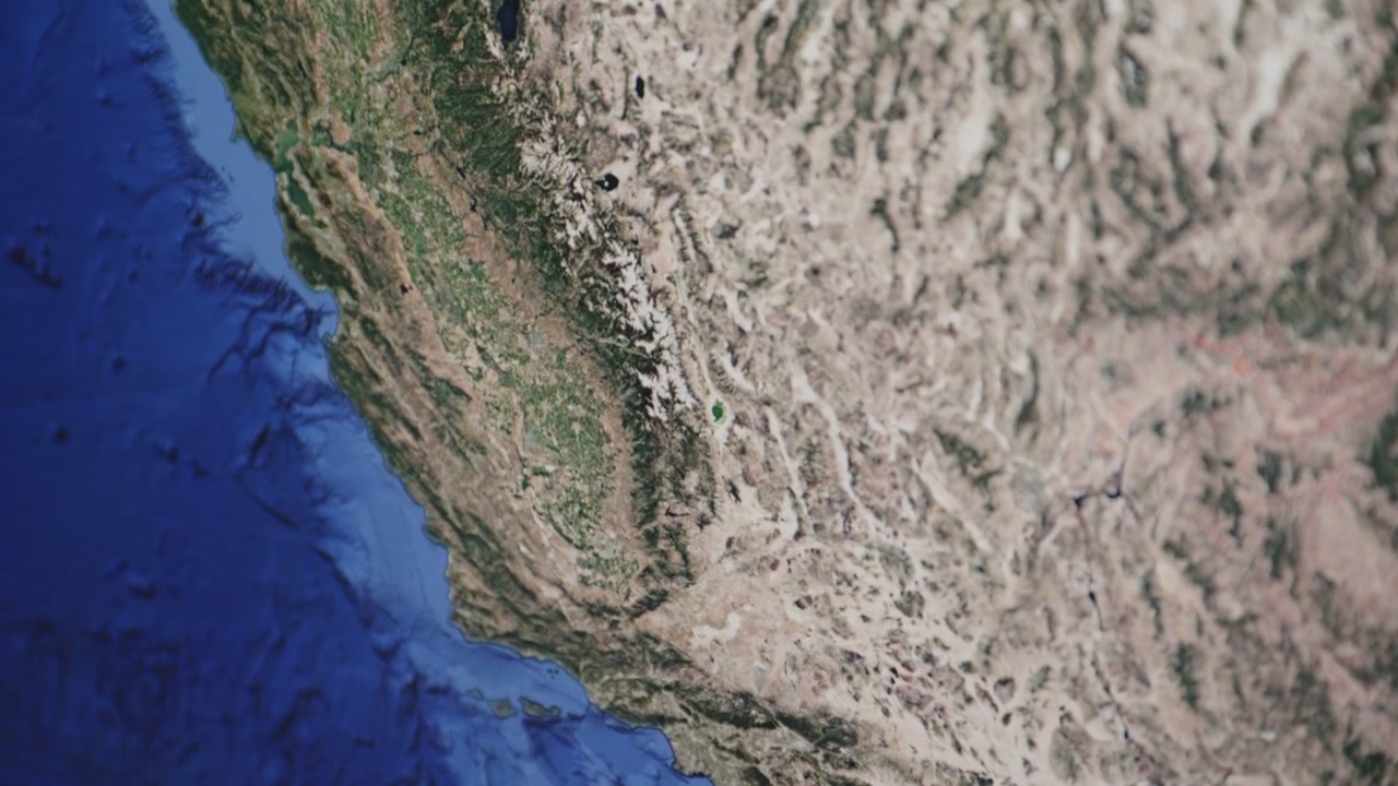 Aerial View of California — Camera Scanning a Photorealistic Detailed Map of West Coast USA, Showing Mountains, Sea, Valleys, Landmarks and Geographic Features From Above