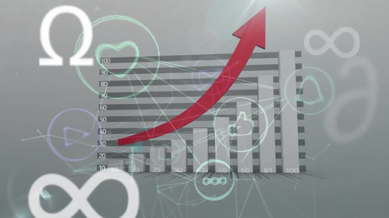 animación de símbolos matemáticos y una red de conexiones con iconos sociales flotantes