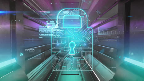 animation of padlock icon and data processing over digital tunnel