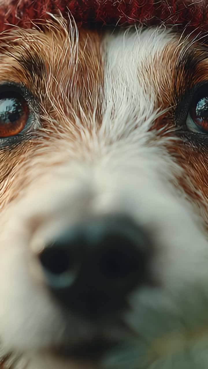 Adorabile primo piano di un cane giocherellone con intensi occhi marroni e un comodo cappello di lana che cattura l'attenzione con la sua espressione commovente