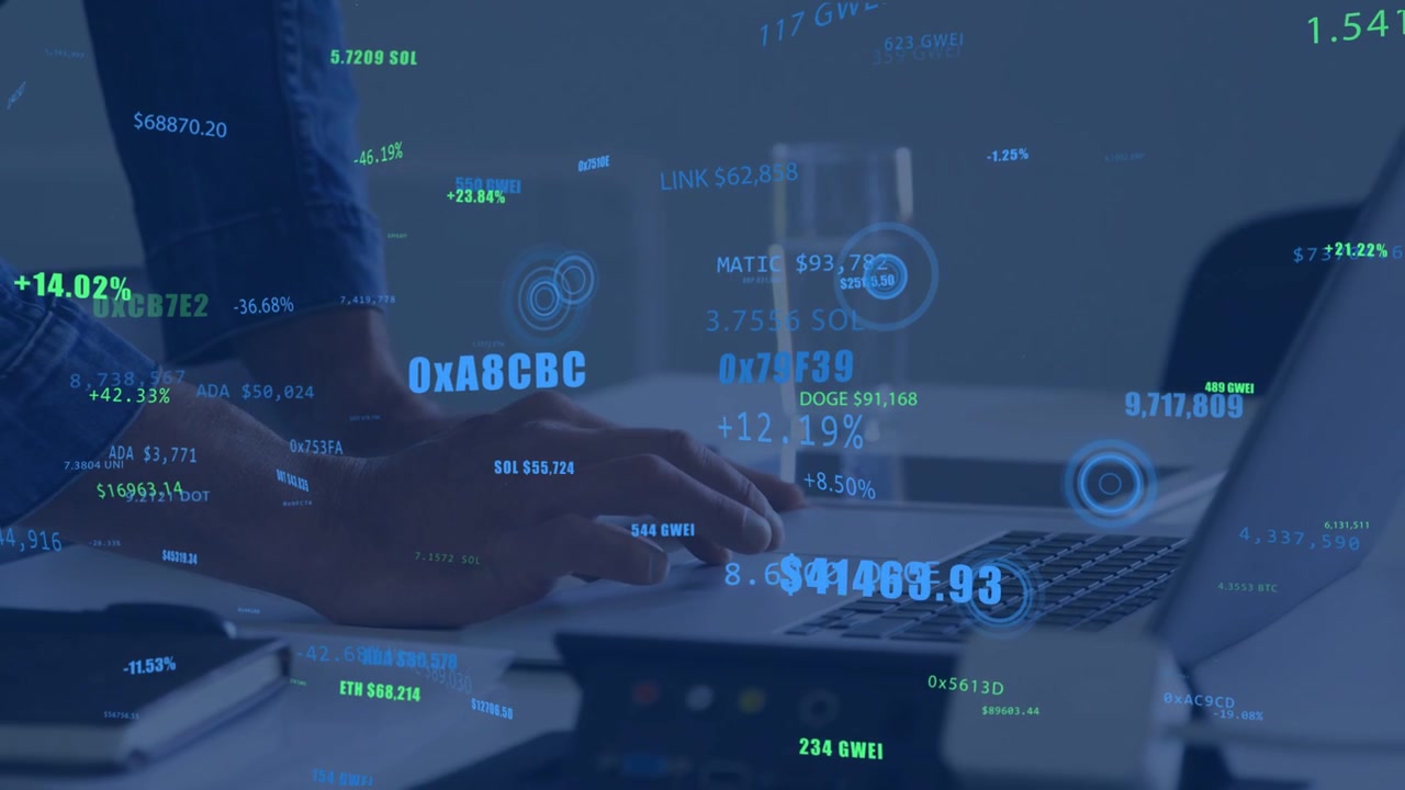 Mid-adult man typing laptop keys, starting crypto overlaying keys while monitoring DOGE $41463 +14%