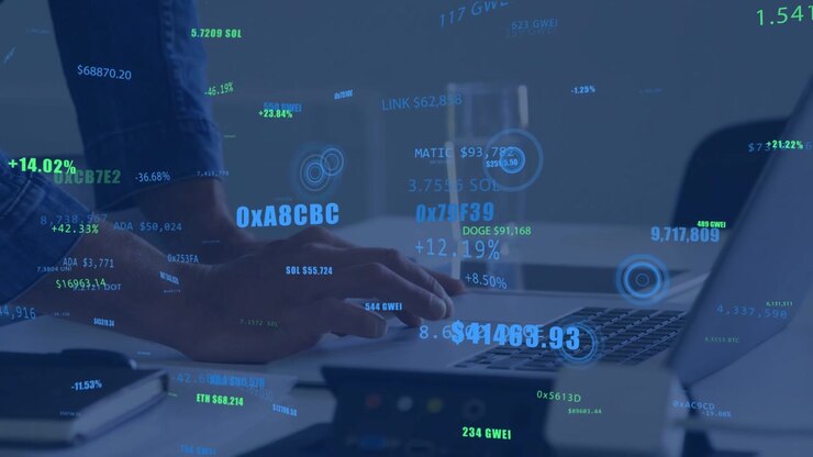 Mid-adult man typing laptop keys, starting crypto overlaying keys while monitoring DOGE $41463 +14%