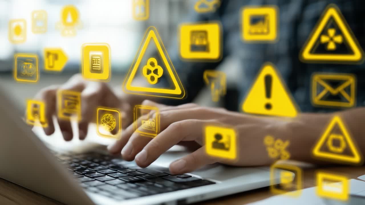 An individual engaged with a laptop, surrounded by various digital icons and warning symbols, representing technology, communication, and hazard awareness in a modern environment