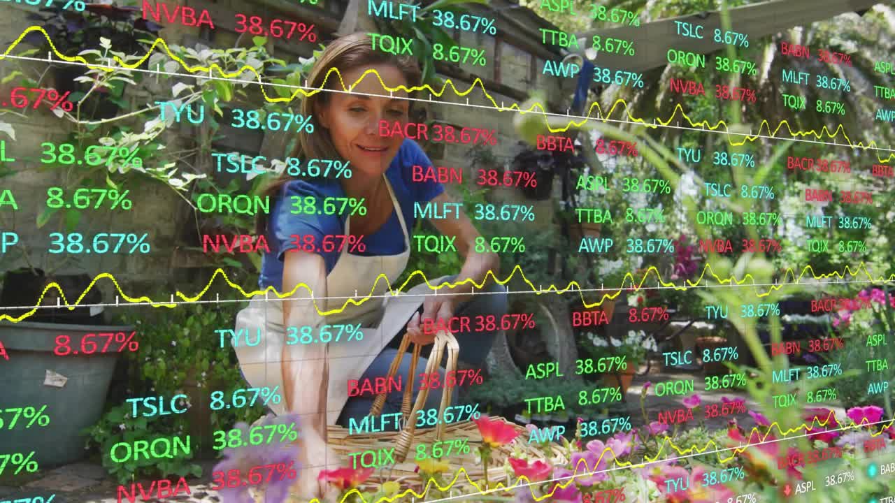 Video vertical: Mujer alcanzando una cesta y haciendo ramos para la venta, con teletipos del mercado superpuestos.
