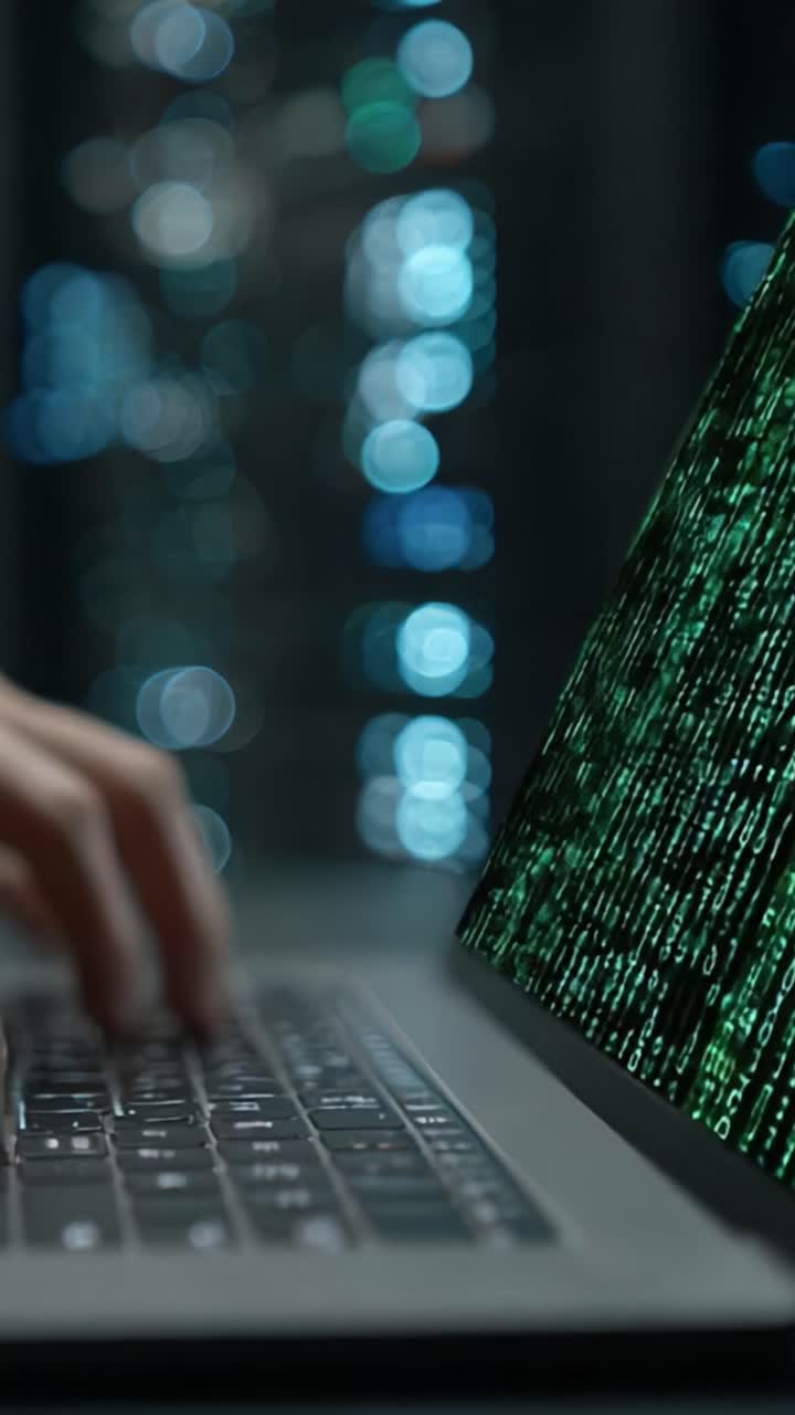 A Glimpse into Data Processing: A Focus on Hands Typing on a Laptop with Matrix-like Code Reflections in a Dimly Lit Environment