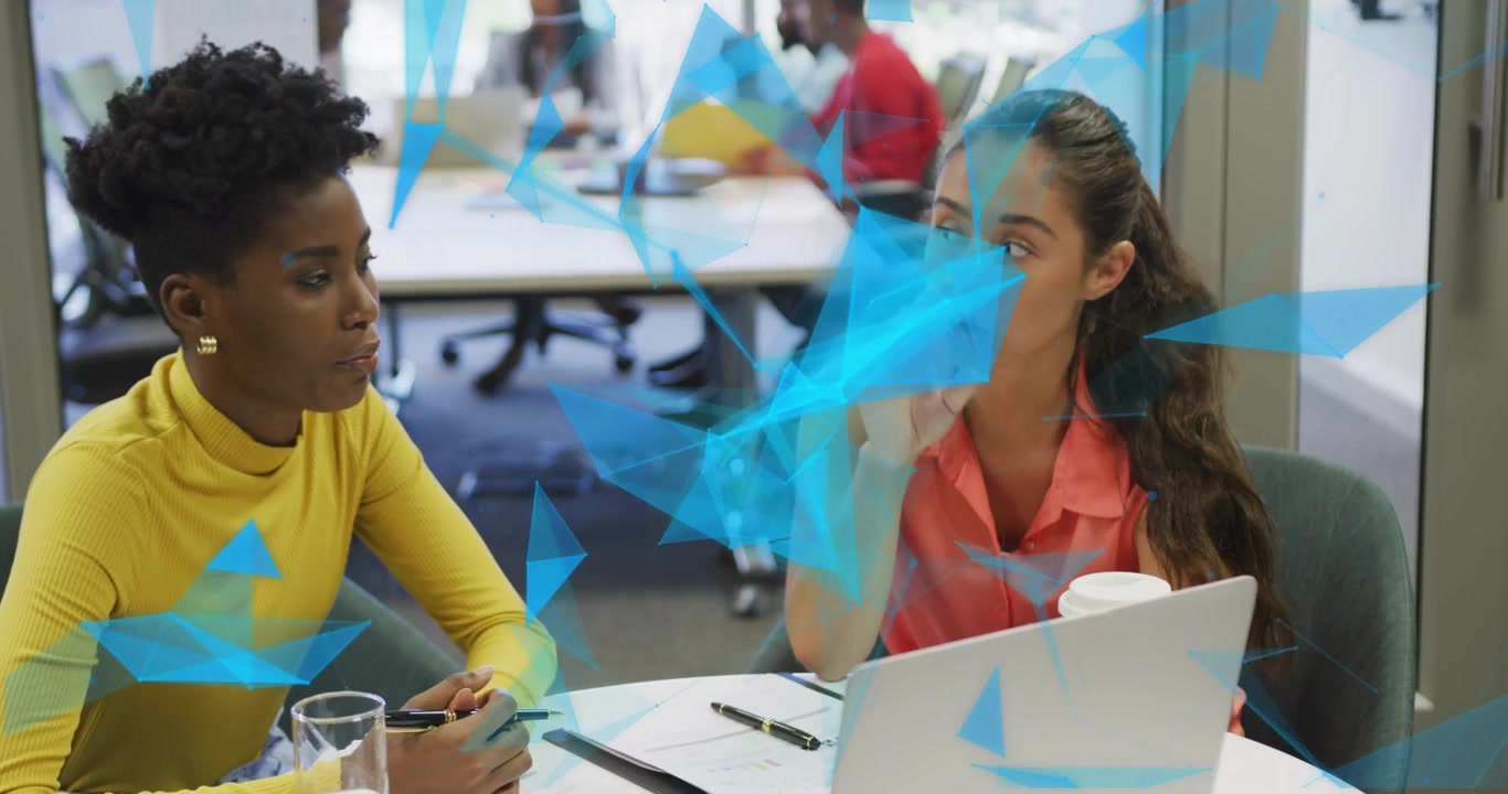 Blue polygon overlay animating, colleagues analyzing laptop charts in business meeting