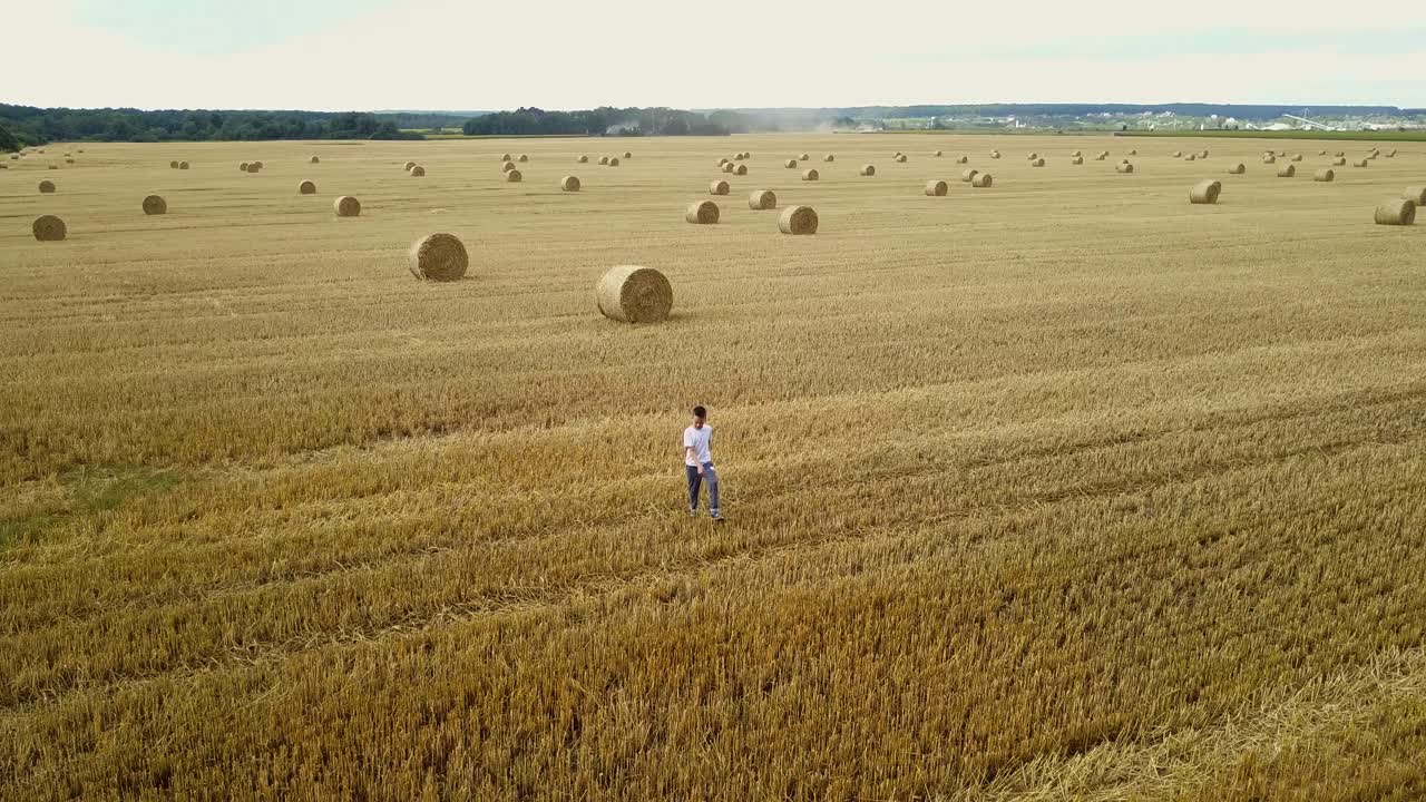 Little Boy In Field. Beautiful boy walking in a field with straw